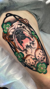 Neo Traditional English Bulldog with Clovers